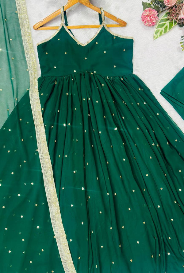 Green Faux Blooming Sequins Gown Pant Set with Dupatta Clothsvilla