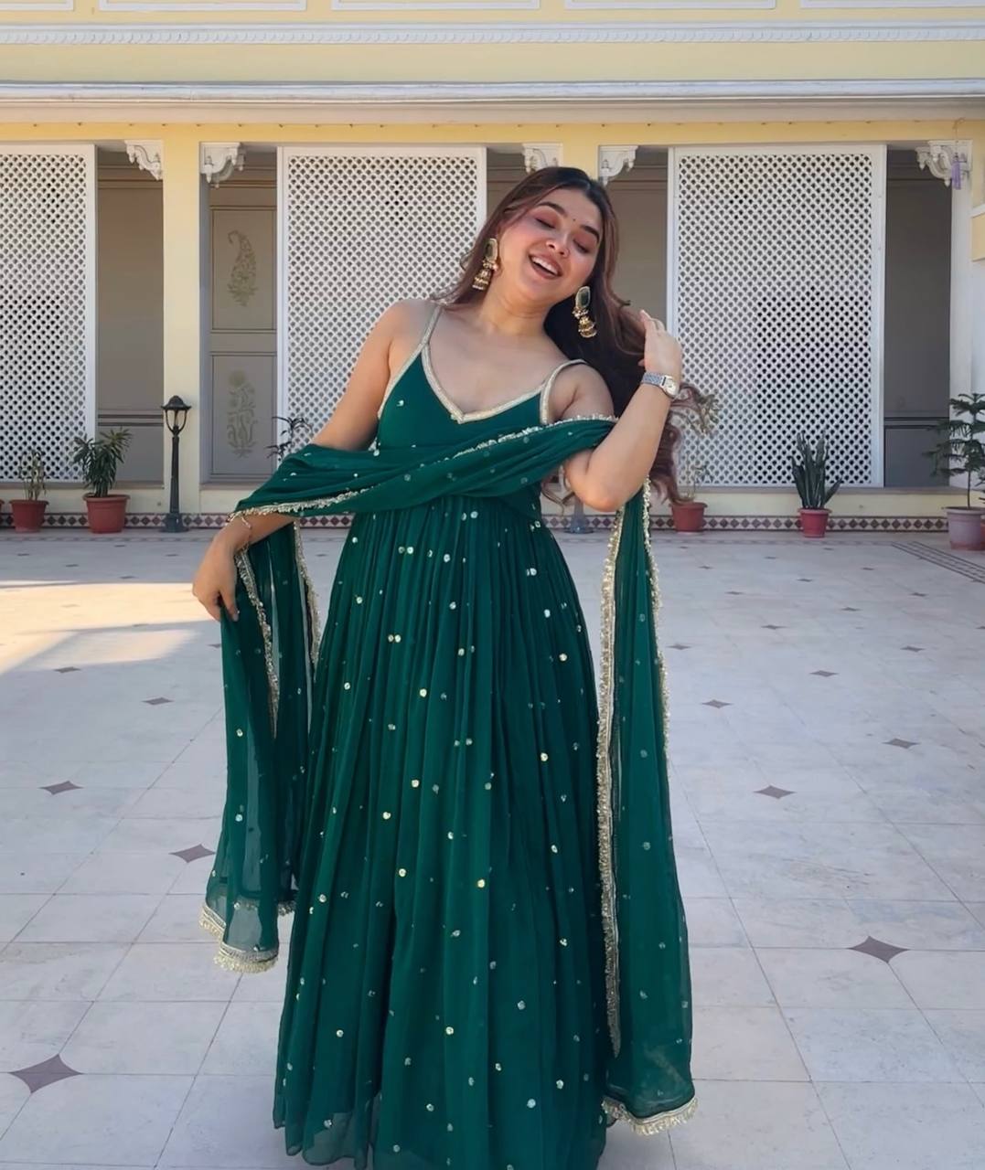 Green Faux Blooming Sequins Gown Pant Set with Dupatta Clothsvilla