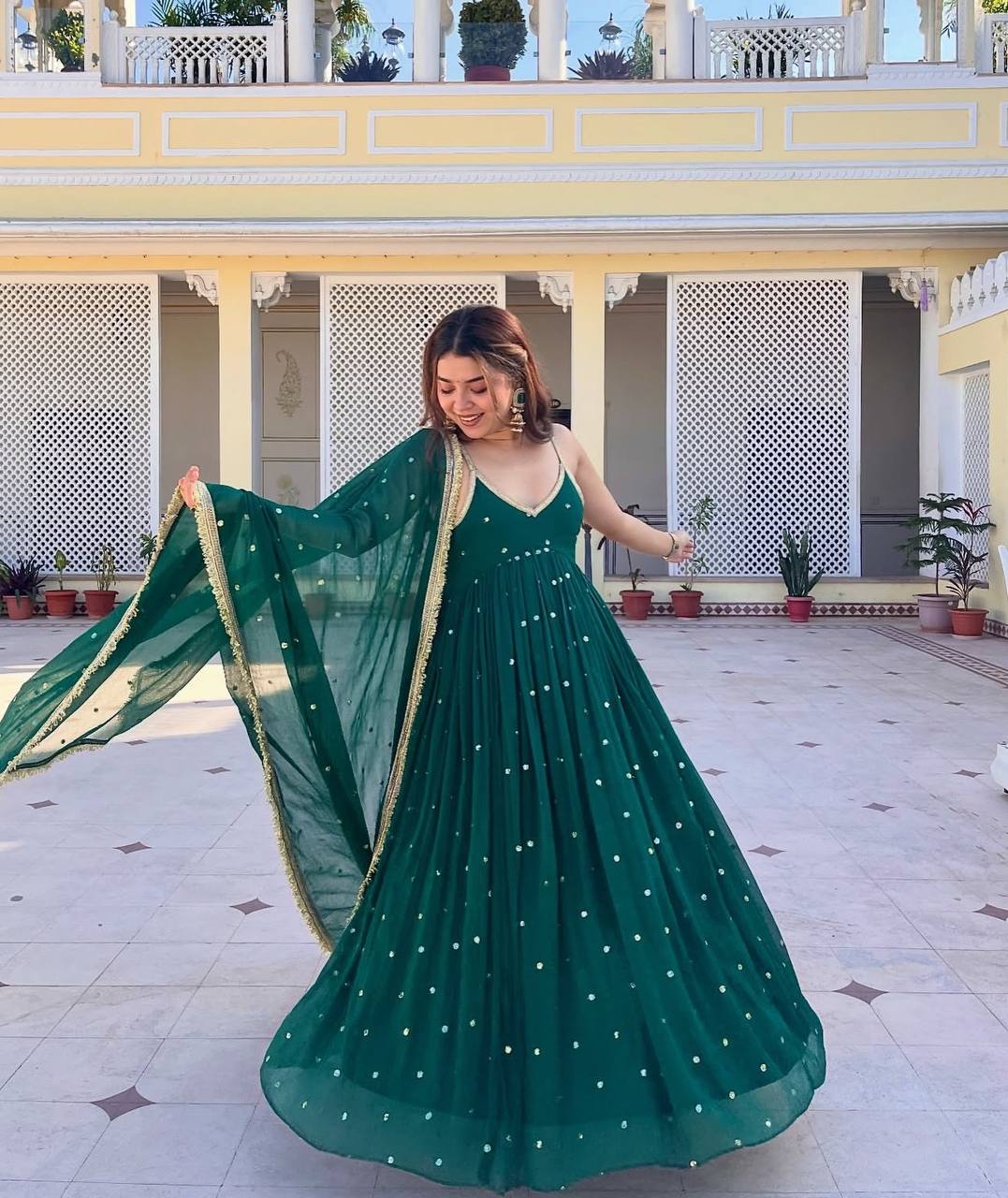 Green Faux Blooming Sequins Gown Pant Set with Dupatta Clothsvilla
