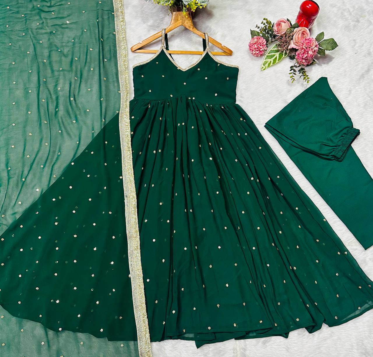 Green Faux Blooming Sequins Gown Pant Set with Dupatta Clothsvilla