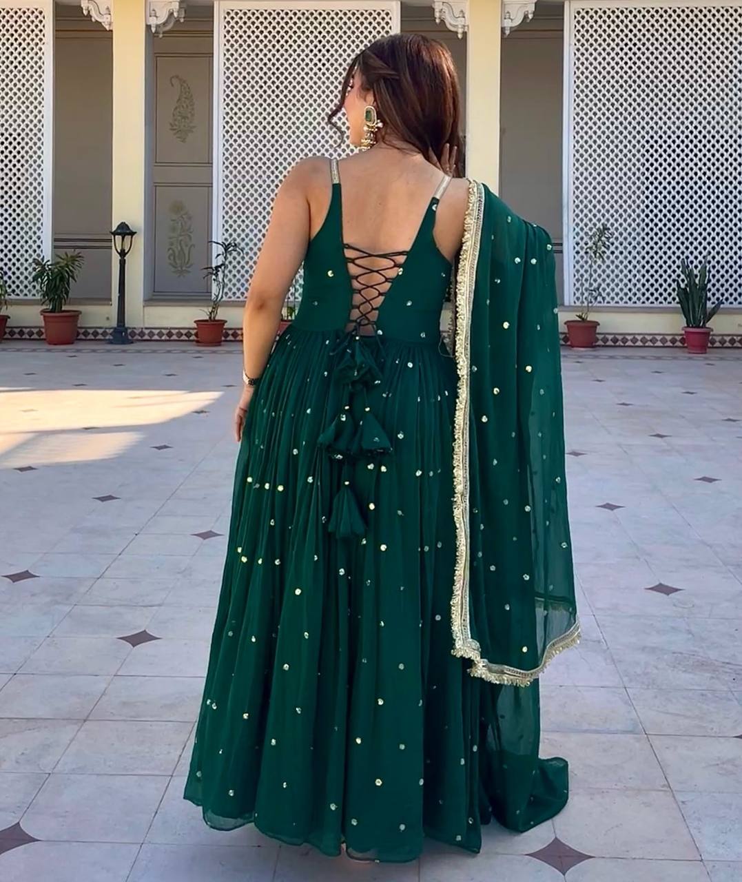 Green Faux Blooming Sequins Gown Pant Set with Dupatta Clothsvilla