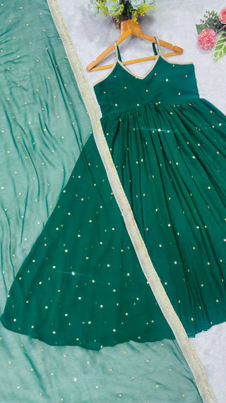 Green Faux Blooming Sequins Gown Pant Set with Dupatta Clothsvilla