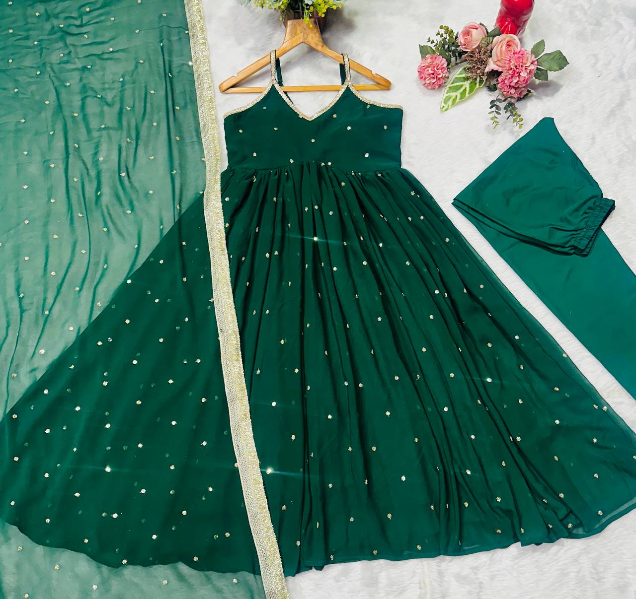 Green Faux Blooming Sequins Gown Pant Set with Dupatta Clothsvilla