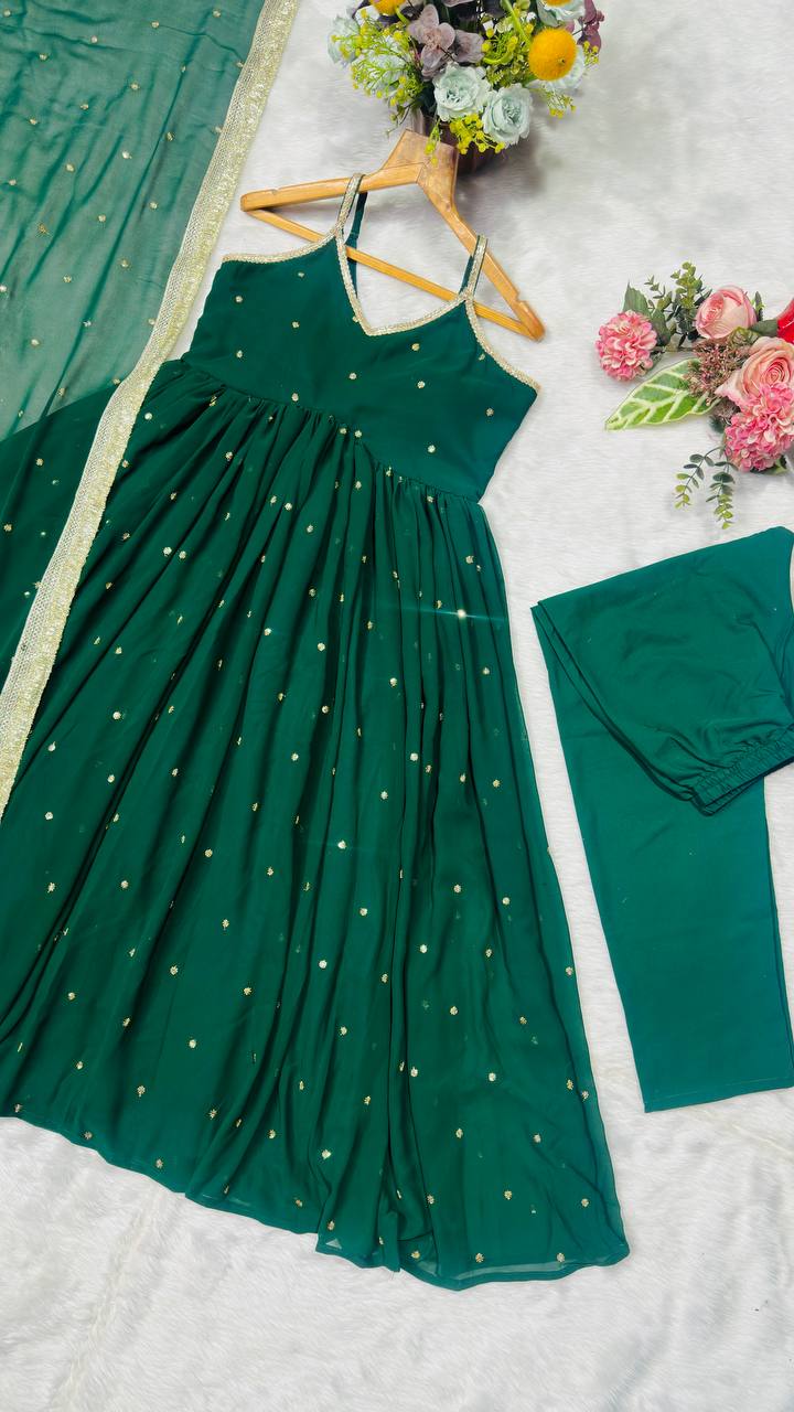 Green Faux Blooming Sequins Gown Pant Set with Dupatta Clothsvilla
