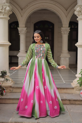 Green Faux Georgette Bandhej Print Gown with Gamthi Embroidery & Mirror Work ClothsVilla