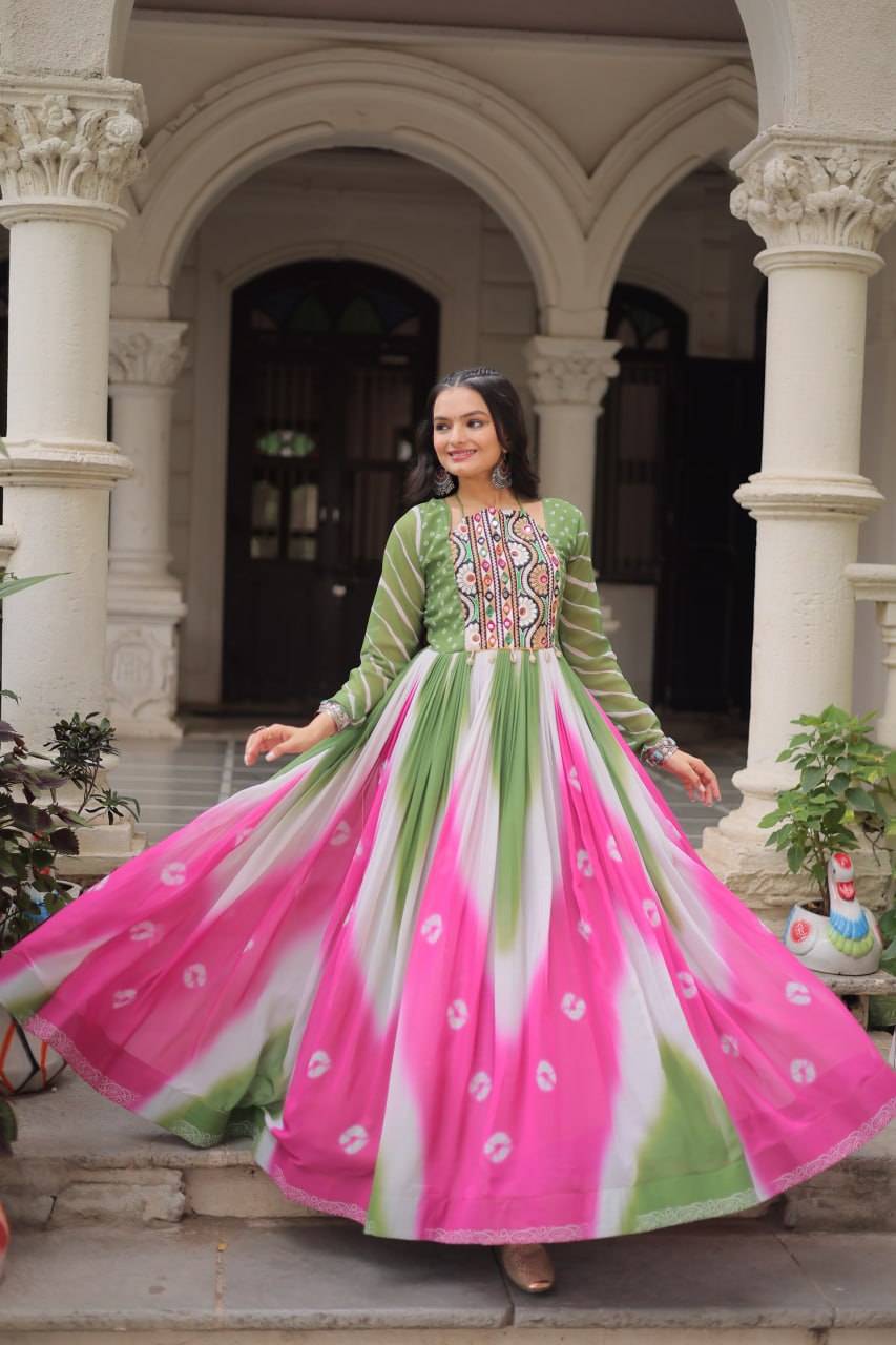 Green Faux Georgette Bandhej Print Gown with Gamthi Embroidery & Mirror Work ClothsVilla