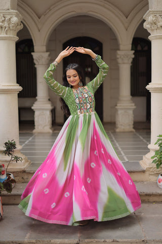 Green Faux Georgette Bandhej Print Gown with Gamthi Embroidery & Mirror Work ClothsVilla
