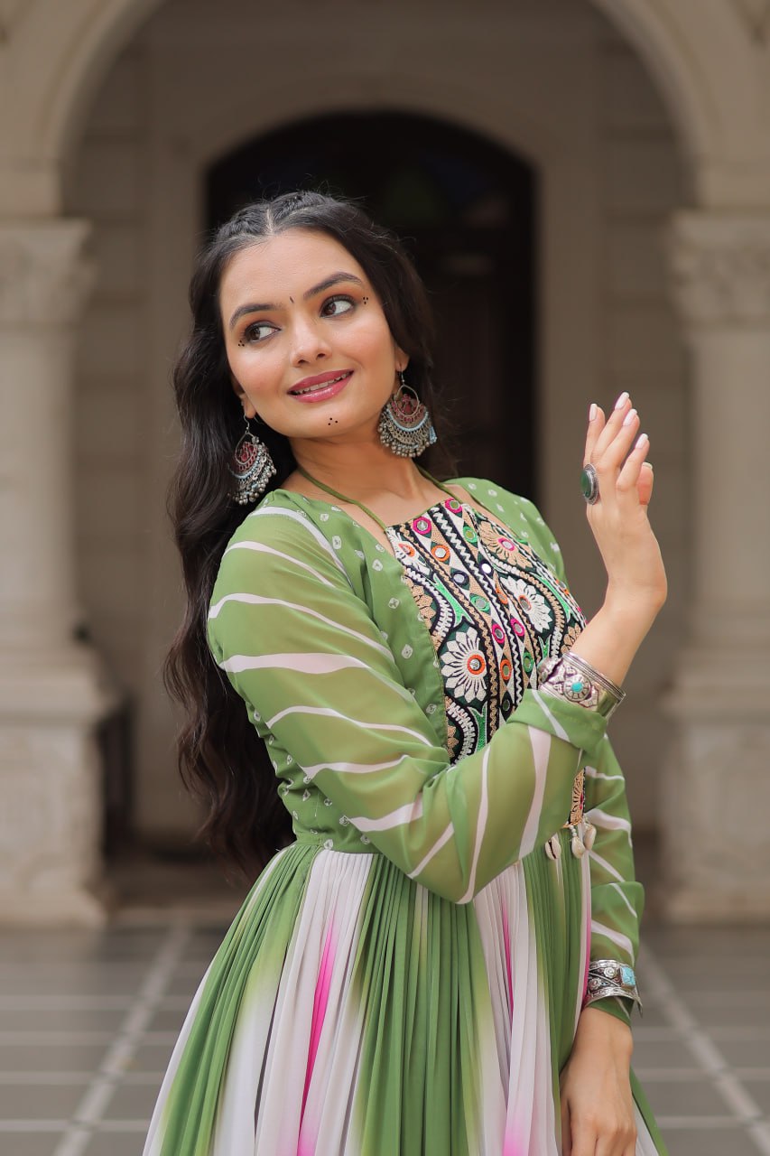 Green Faux Georgette Bandhej Print Gown with Gamthi Embroidery & Mirror Work ClothsVilla