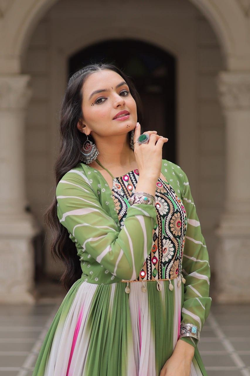 Green Faux Georgette Bandhej Print Gown with Gamthi Embroidery & Mirror Work ClothsVilla