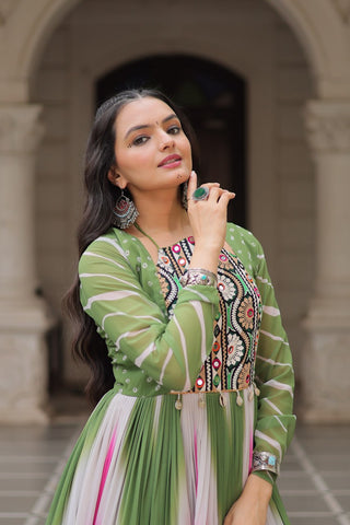 Green Faux Georgette Bandhej Print Gown with Gamthi Embroidery & Mirror Work ClothsVilla