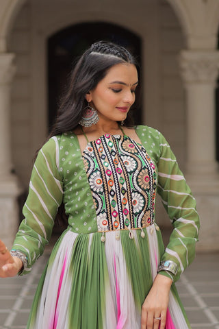 Green Faux Georgette Bandhej Print Gown with Gamthi Embroidery & Mirror Work ClothsVilla
