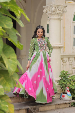 Green Faux Georgette Bandhej Print Gown with Gamthi Embroidery & Mirror Work ClothsVilla
