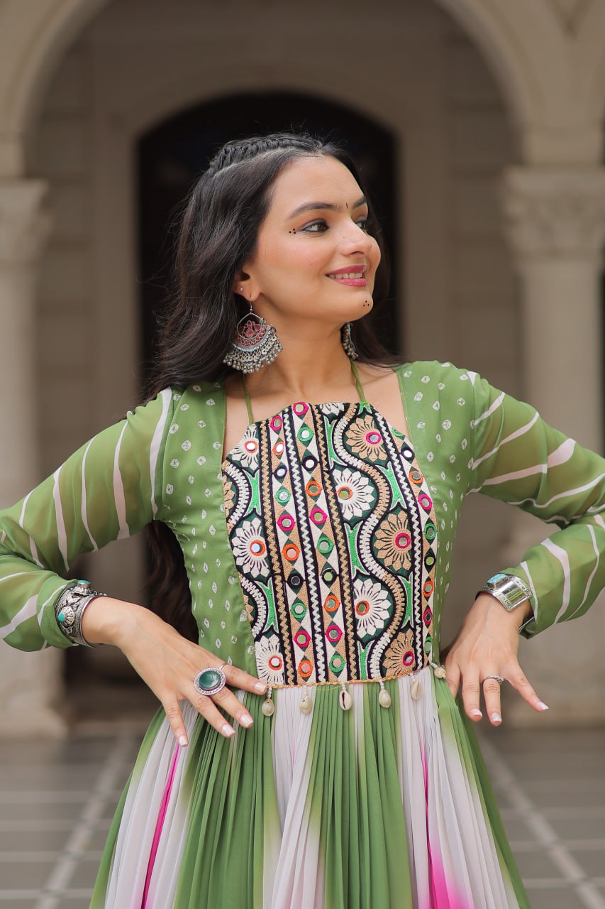 Green Faux Georgette Bandhej Print Gown with Gamthi Embroidery & Mirror Work ClothsVilla
