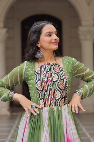 Green Faux Georgette Bandhej Print Gown with Gamthi Embroidery & Mirror Work ClothsVilla