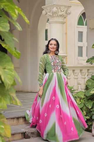 Green Faux Georgette Bandhej Print Gown with Gamthi Embroidery & Mirror Work ClothsVilla