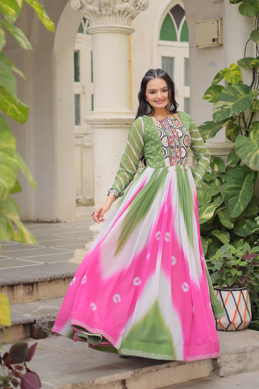Green Faux Georgette Bandhej Print Gown with Gamthi Embroidery & Mirror Work ClothsVilla