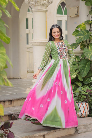 Green Faux Georgette Bandhej Print Gown with Gamthi Embroidery & Mirror Work ClothsVilla