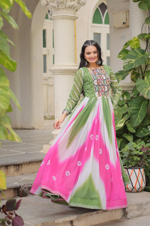 Green Faux Georgette Bandhej Print Gown with Gamthi Embroidery & Mirror Work ClothsVilla