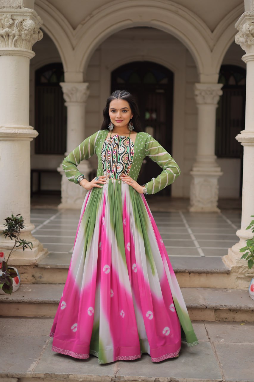 Green Faux Georgette Bandhej Print Gown with Gamthi Embroidery & Mirror Work ClothsVilla