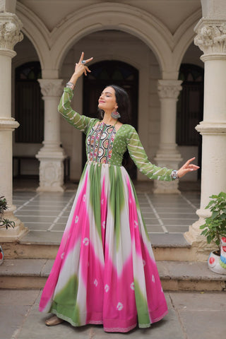 Green Faux Georgette Bandhej Print Gown with Gamthi Embroidery & Mirror Work ClothsVilla