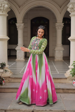 Green Faux Georgette Bandhej Print Gown with Gamthi Embroidery & Mirror Work ClothsVilla