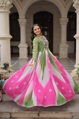 Green Faux Georgette Bandhej Print Gown with Gamthi Embroidery & Mirror Work ClothsVilla