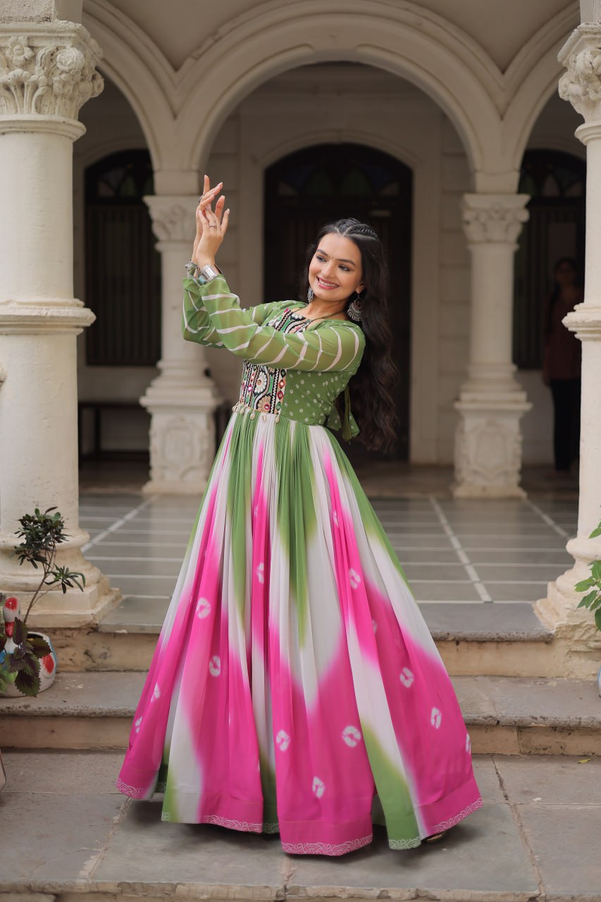 Green Faux Georgette Bandhej Print Gown with Gamthi Embroidery & Mirror Work ClothsVilla