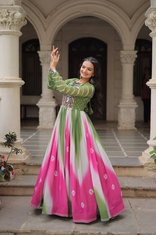 Green Faux Georgette Bandhej Print Gown with Gamthi Embroidery & Mirror Work ClothsVilla