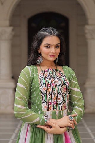 Green Faux Georgette Bandhej Print Gown with Gamthi Embroidery & Mirror Work ClothsVilla