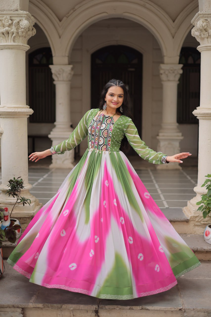Green Faux Georgette Bandhej Print Gown with Gamthi Embroidery & Mirror Work ClothsVilla