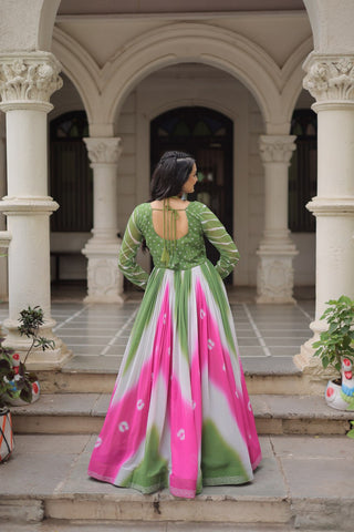 Green Faux Georgette Bandhej Print Gown with Gamthi Embroidery & Mirror Work ClothsVilla