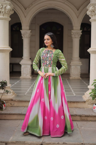 Green Faux Georgette Bandhej Print Gown with Gamthi Embroidery & Mirror Work ClothsVilla