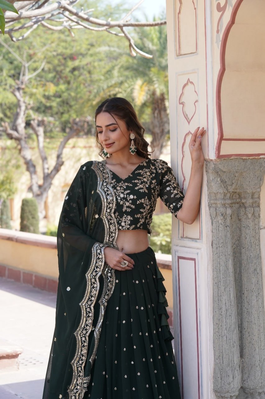 Shimmering Green Faux Georgette Lehenga Choli Set with Heavy Sequin Work ClothsVilla