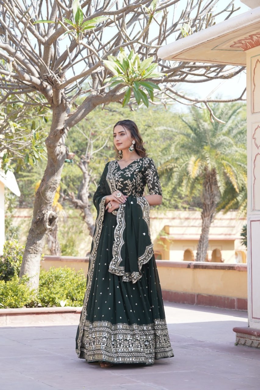 Shimmering Green Faux Georgette Lehenga Choli Set with Heavy Sequin Work ClothsVilla