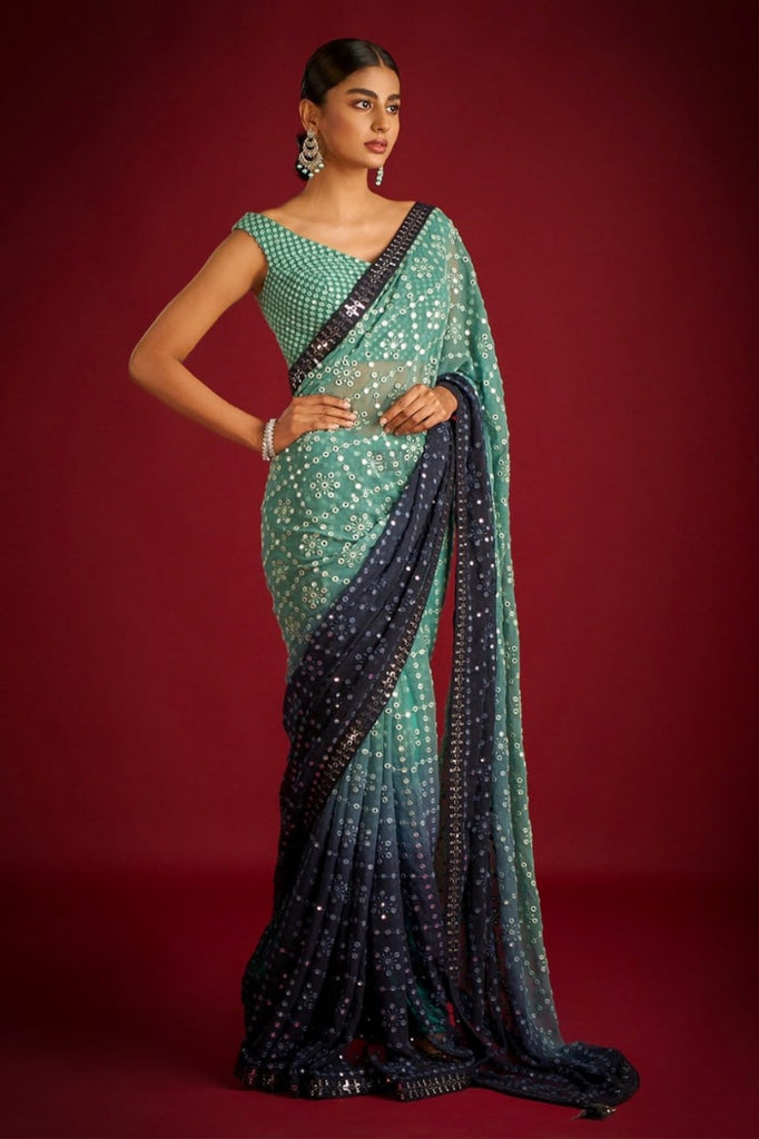 Green Faux Georgette Saree with Heavy Banglory Silk Blouse ClothsVilla
