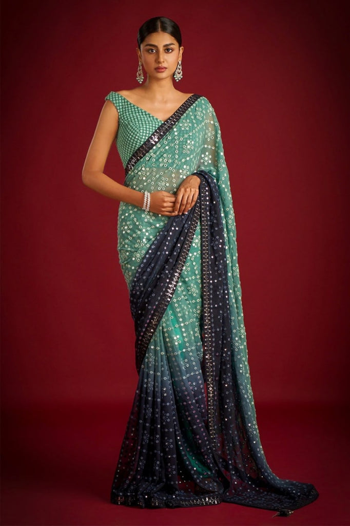 Green Faux Georgette Saree with Heavy Banglory Silk Blouse ClothsVilla