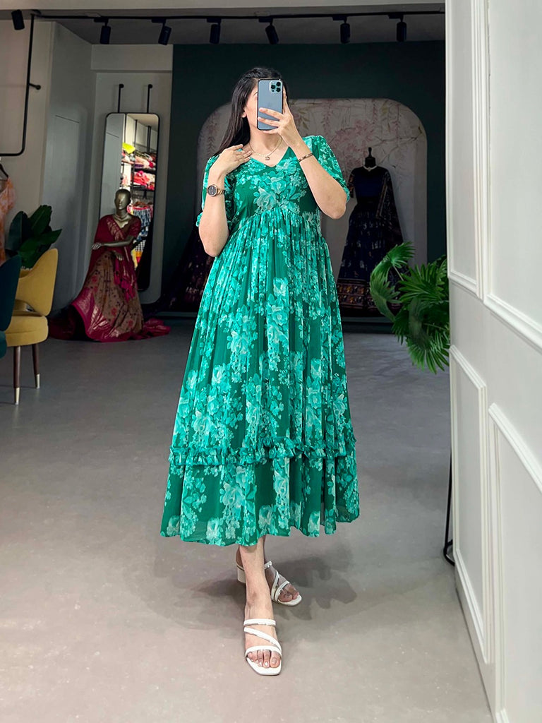 Green Floral Georgette Frock for Effortless Summer Style ClothsVilla