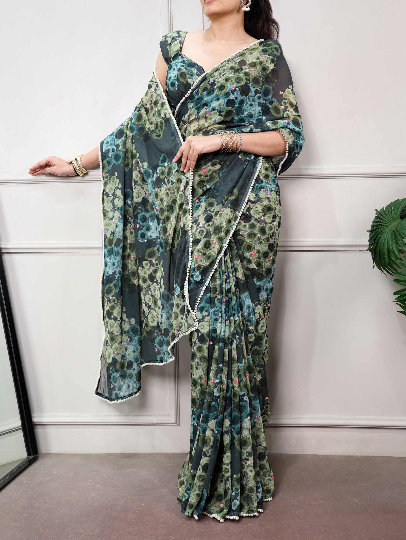 Green Floral Marble Drape Saree ClothsVilla