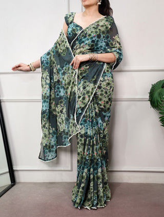 Green Floral Marble Drape Saree ClothsVilla
