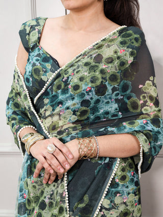 Green Floral Marble Drape Saree ClothsVilla