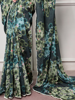 Green Floral Marble Drape Saree ClothsVilla