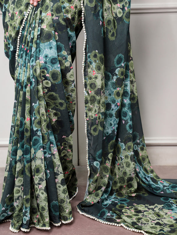 Green Floral Marble Drape Saree ClothsVilla