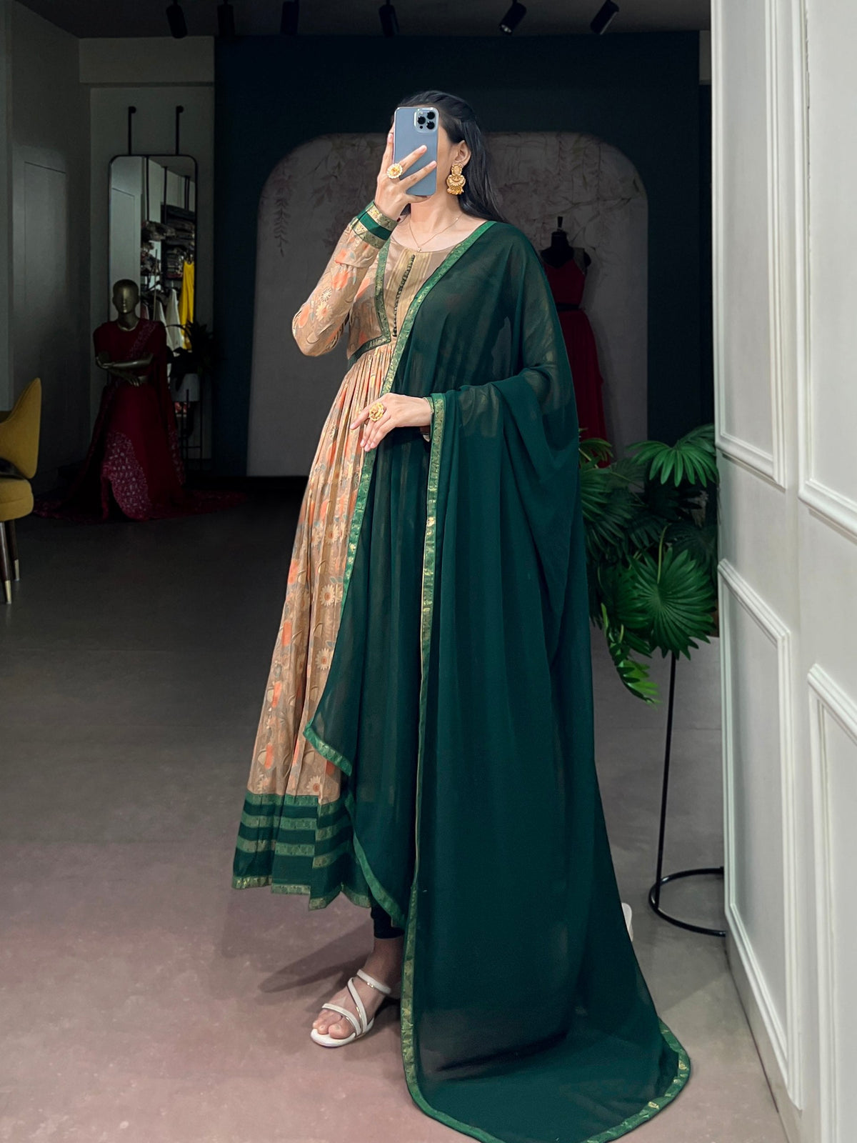 Green Floral Printed Dress with Dupatta ClothsVilla