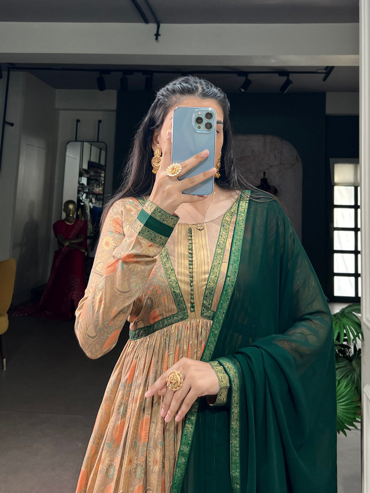 Green Floral Printed Dress with Dupatta ClothsVilla