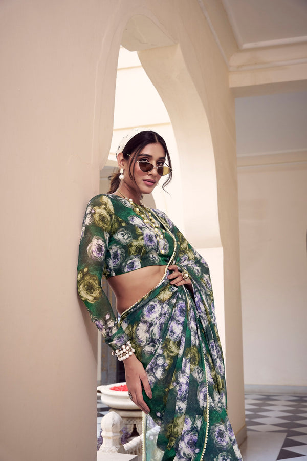 Green Floral Printed Weightless Marble Saree with Pearl Lace Border Clothsvilla