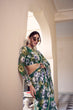 Load image into Gallery viewer, Green Floral Printed Weightless Marble Saree with Pearl Lace Border Clothsvilla