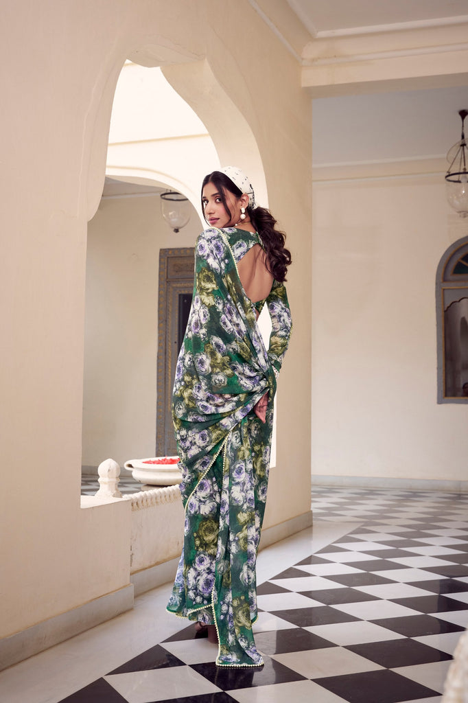 Green Floral Printed Weightless Marble Saree with Pearl Lace Border Clothsvilla