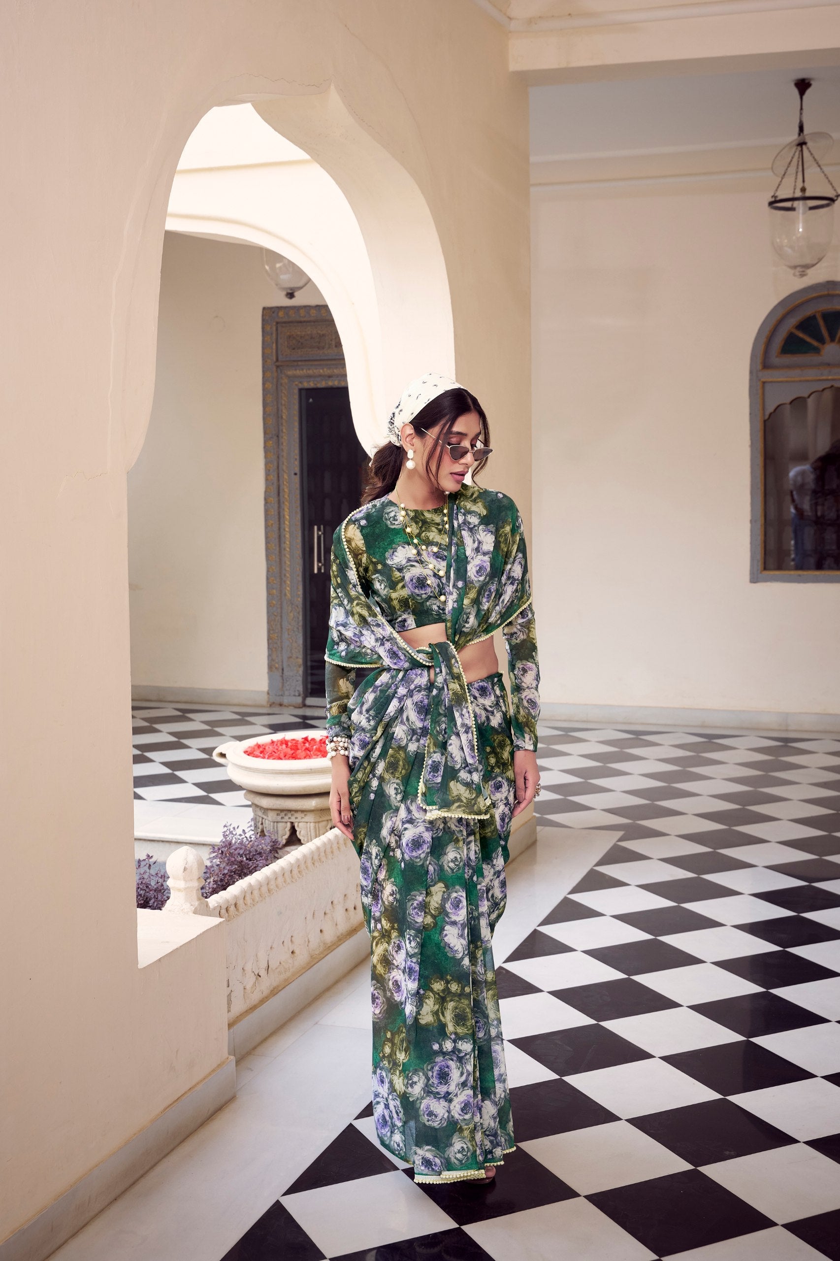 Green Floral Printed Weightless Marble Saree with Pearl Lace Border Clothsvilla