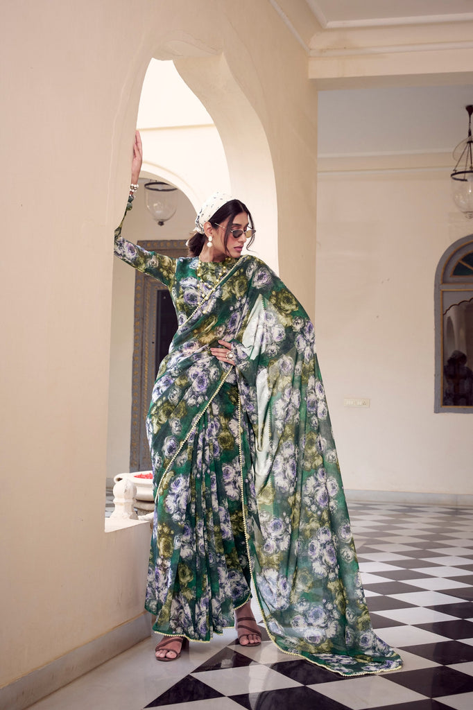 Green Floral Printed Weightless Marble Saree with Pearl Lace Border Clothsvilla