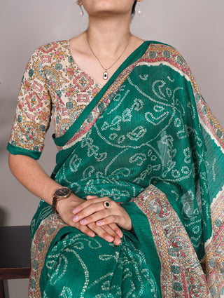 Green Fusion of Madhubani and Bandhej Green Silk Saree with Unstitched Blouse